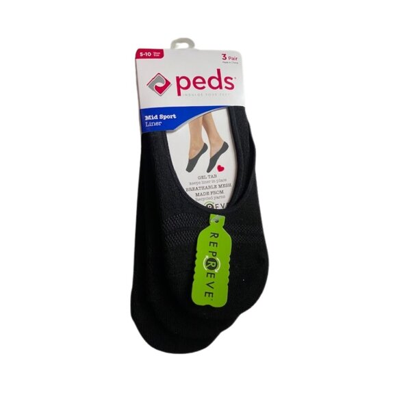 PEDS 12 PAIR Black Mid Sportt Liner Socks - Breathable Mesh - GEL TAB Heel - Picture 2 of 8